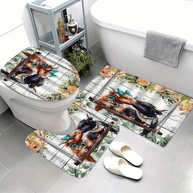 Bathroom Decor Set with Cow & Flower Pattern, Includes Hooks Curtain Toilet Lid Cover Bath Mat Rug, Rustic Style Bathroom Accessories, Shower Curtain Set