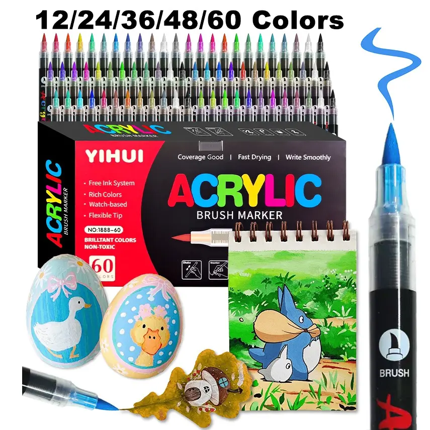【Black Friday】12-60-Color Acrylic Paint Pen Set, Brush-Tip Markers for Rock Painting, Wood, Canvas, Stone, Glass, Shoes, Phone Cases & DIY Crafts, Art Supplies