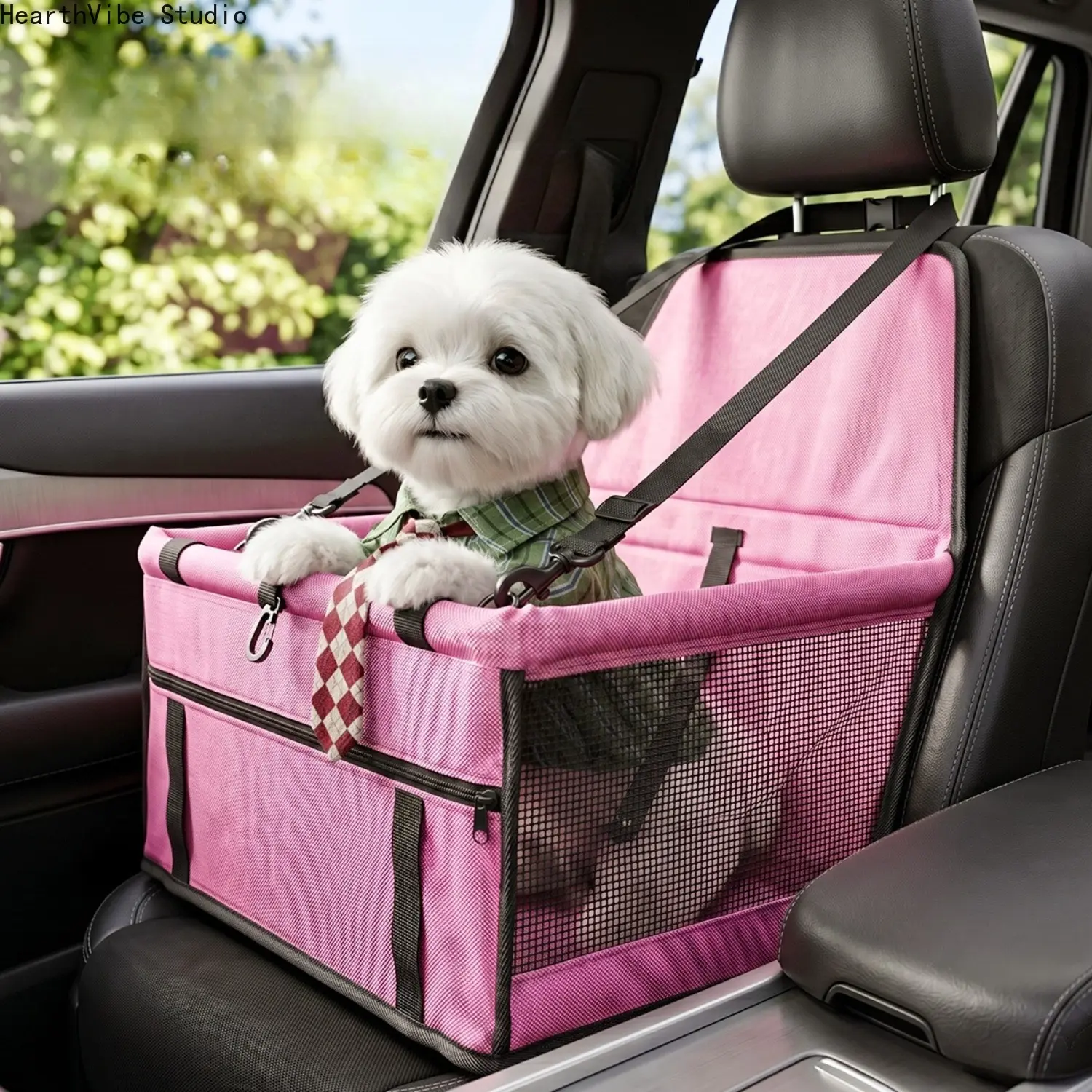Dog Car Seat Booster with Safety Tether Leash, Waterproof Pink PU Leather Pet Travel Carrier, Car Seat Fit Breathable Mesh Bucket Basket for Small/Medium Dogs-Cats, Scratchproof SUV-Truck Auto Protector