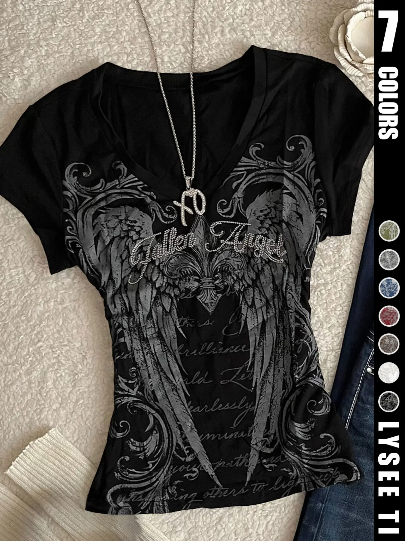 Halloween Day of the Dead Wings Graphic Print Retro Y2K Trendy Fashion Women's V-Neck Short Sleeve T-Shirt