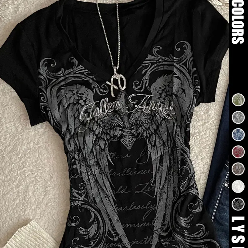 Halloween Day of the Dead Wings Graphic Print Retro Y2K Trendy Fashion Women's V-Neck Short Sleeve T-Shirt