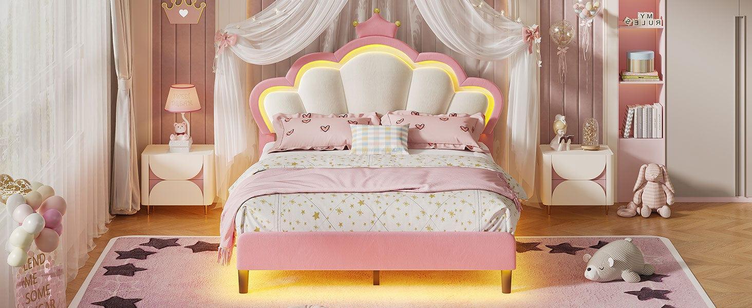 Girls Full Bed Frame with Princess Crown and LED Velvet Upholstered Platform Pink Girls Full Bed Frame with Princess Crown and LED Velvet Upholstered Platform Pink