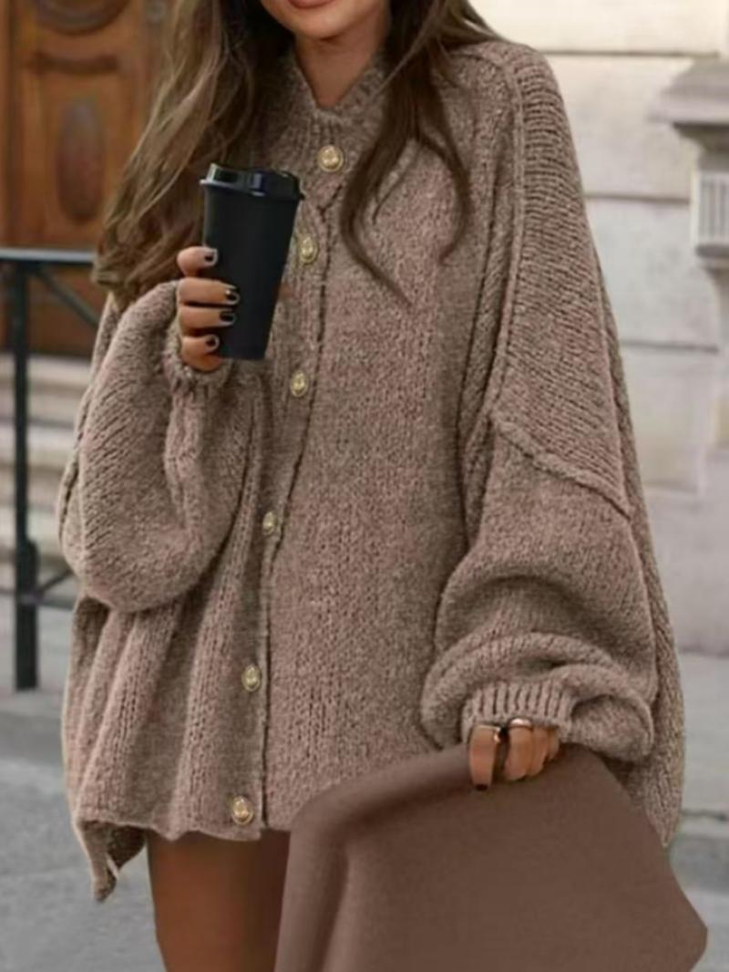 Women's Oversized Knit Cardigan Sweater, Casual Loose-Fitting Round Neck Long Sleeve Drop Shoulder Design, Fall Winter Fashion, Knitted Cardigan Tops