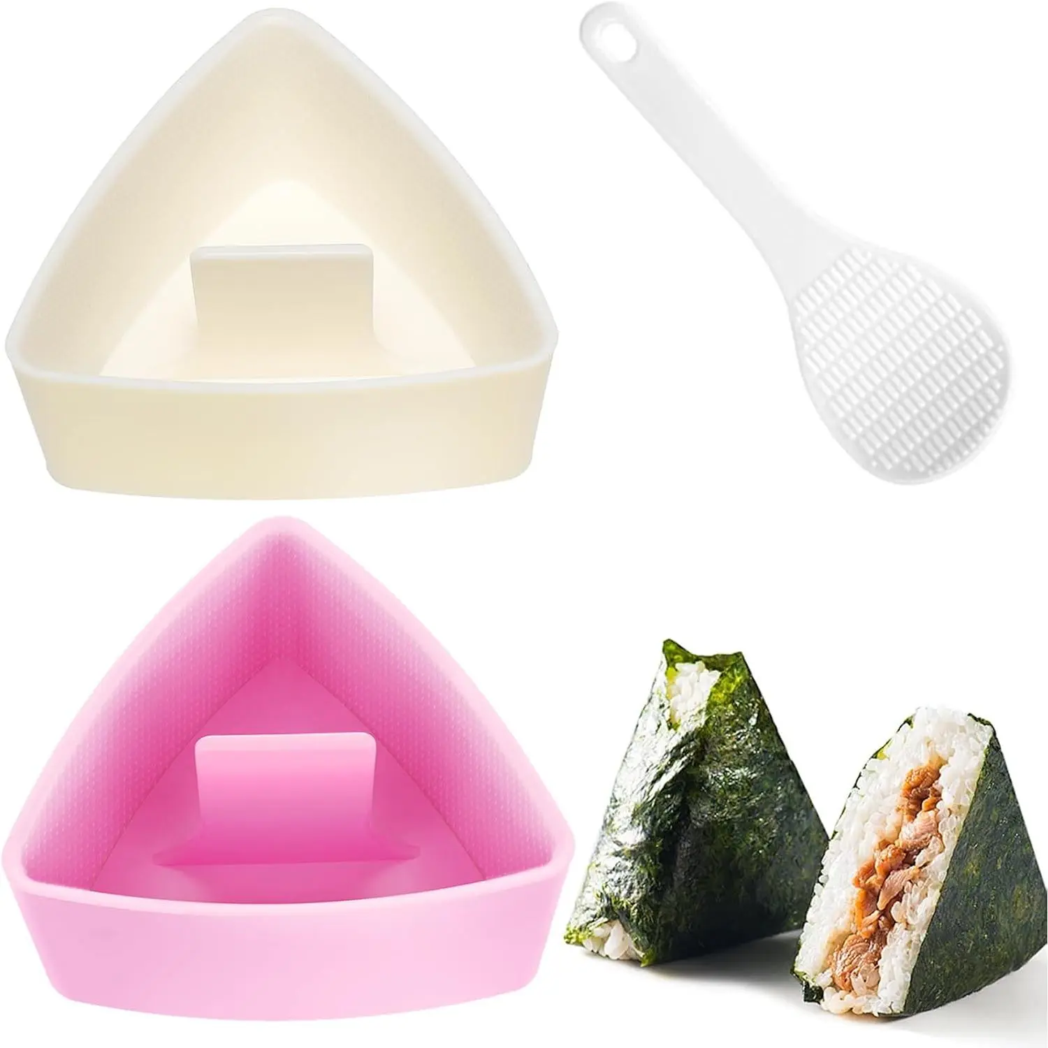 Large Triangle Onigiri Mold 2-Piece Set, DIY Sushi Maker with Bumpy Surface & Paddle, Easy Demolding Kitchen Utensil for Lunch Bento Prep, Two Piece Set, Demolding Easy