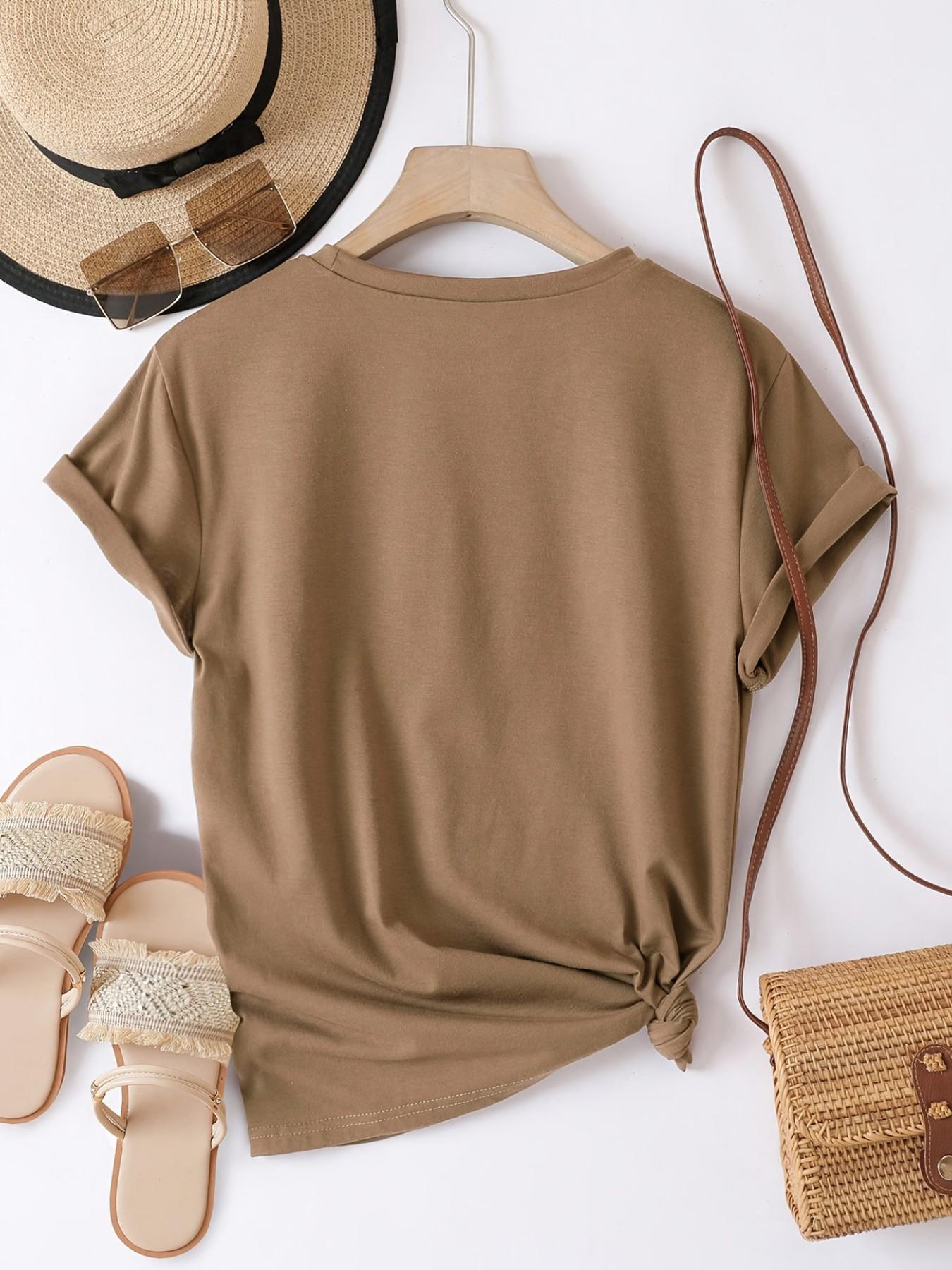 Women's V-Neck Solid Color Short Sleeve Basic Minimalist T-Shirt, Casual Fitted Top, Soft Comfortable Fabric, Summer All Seasons Wear, Casual Tops