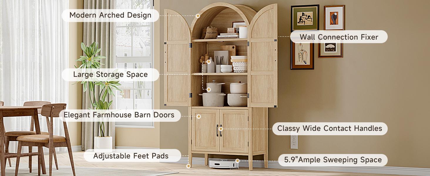 【SPOTLIGHT DAY】ONBRILL 71" Tall Arched Cabinet, 5-Tier Arched Kitchen Pantry with Glass Doors & Drawer, Modern Display Pantry Cabinets with Adjustable Feet, Wooden Pantry for Kitchen, Living Room Furniture, Dining Room Furniture