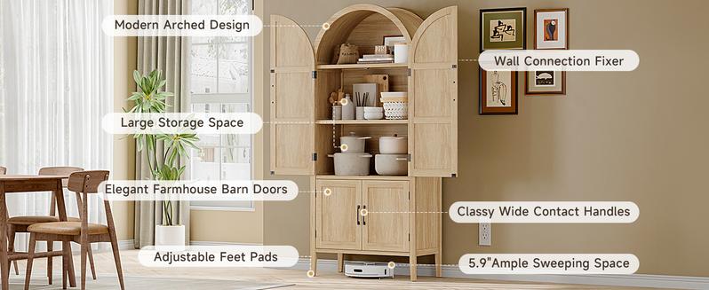 【Valentine's Day gift】ONBRILL 71" Tall Arched Cabinet, 5-Tier Arched Kitchen Pantry with Glass Doors & Drawer, Modern Display Pantry Cabinets with Adjustable Feet, Wooden Pantry for Kitchen, Living Room Furniture, Dining Room Furniture