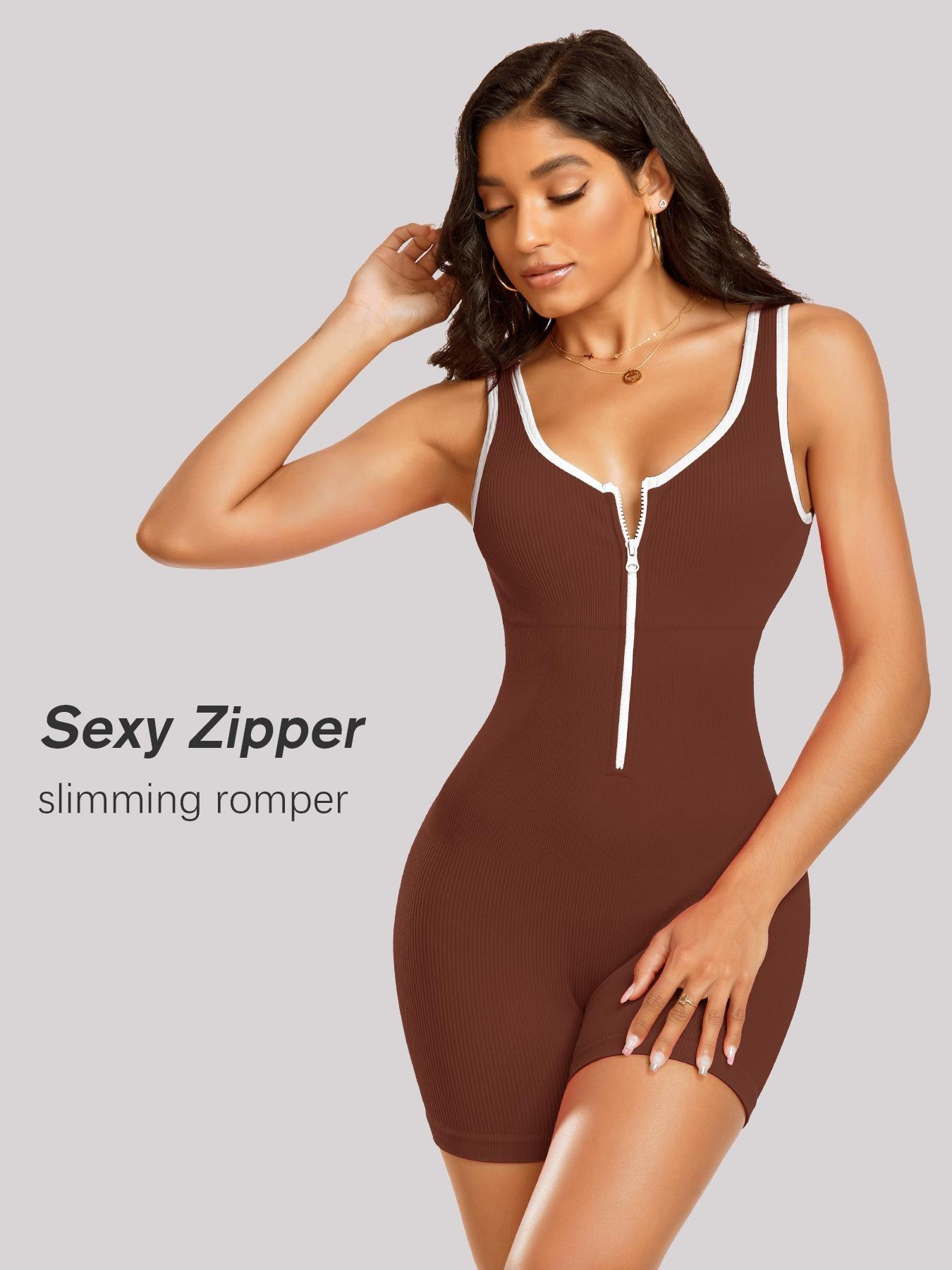 Women's Contrast Binding Zipper Front Zip Up Sports Romper, Sporty Romper, Romper Jumpsuit, Yoga Rompers, Solid Scoop Neck Sleeveless Bodycon Romper for Yoga Gym Workout, Ladies Sportswear for Summer