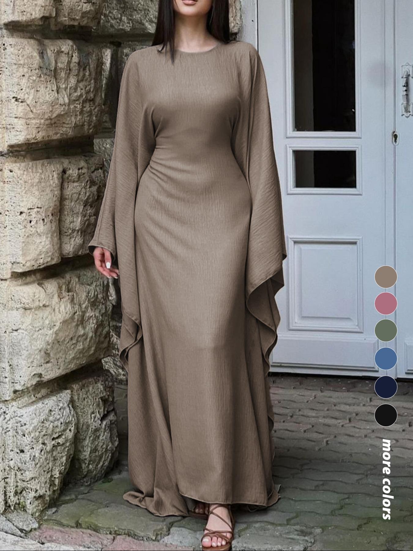 Women's Solid Color Loose-Fitting Batwing-Sleeve Long Dress, Casual Everyday Wear, Womenswear, Minimalist Chic Summer Woven Fabric Dress, Perfect for Relaxed Outings