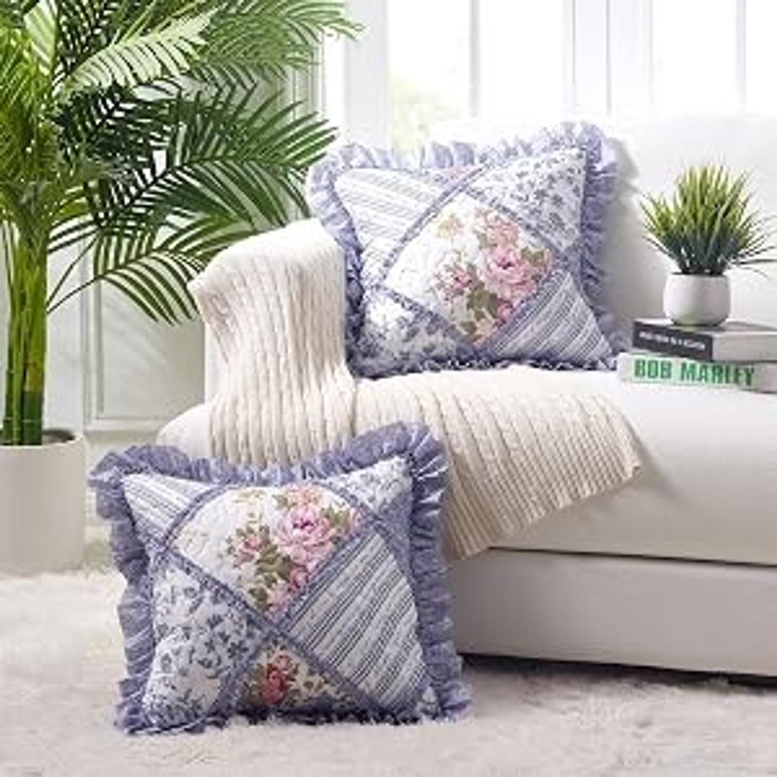 Pink & Green Roses Ruffle Pillow Shams Set, 18 x 18 Inches, Patchwork Quilted Pillow Covers with Ruffles, Washable Throw Cushion Cases for Couches and Beds, Pack of 2Gift