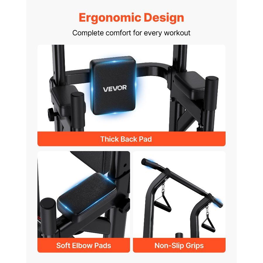 VEVOR Pull Up Bar, 330 LBS Power Tower Dip Station, Workout Dip Station with H-Shaped Stable Base Back Pad, Adjustable 12 Level Height Free Standing Chin Up Bar for Back, 4-Level Adjustable Back Pad