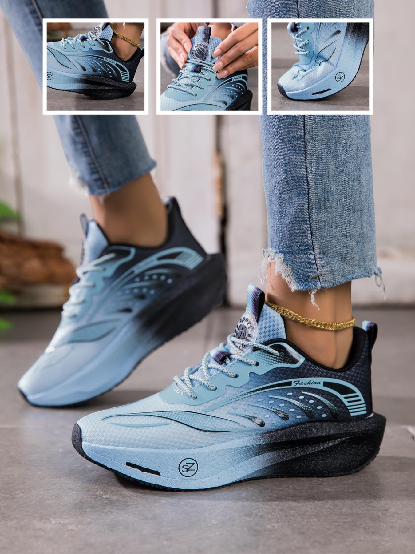 Women's Large Size Carbon Plate Lightweight Outdoor Running Shoes, Casual Ombre Design, Breathable Textile Upper, All Season Wear
