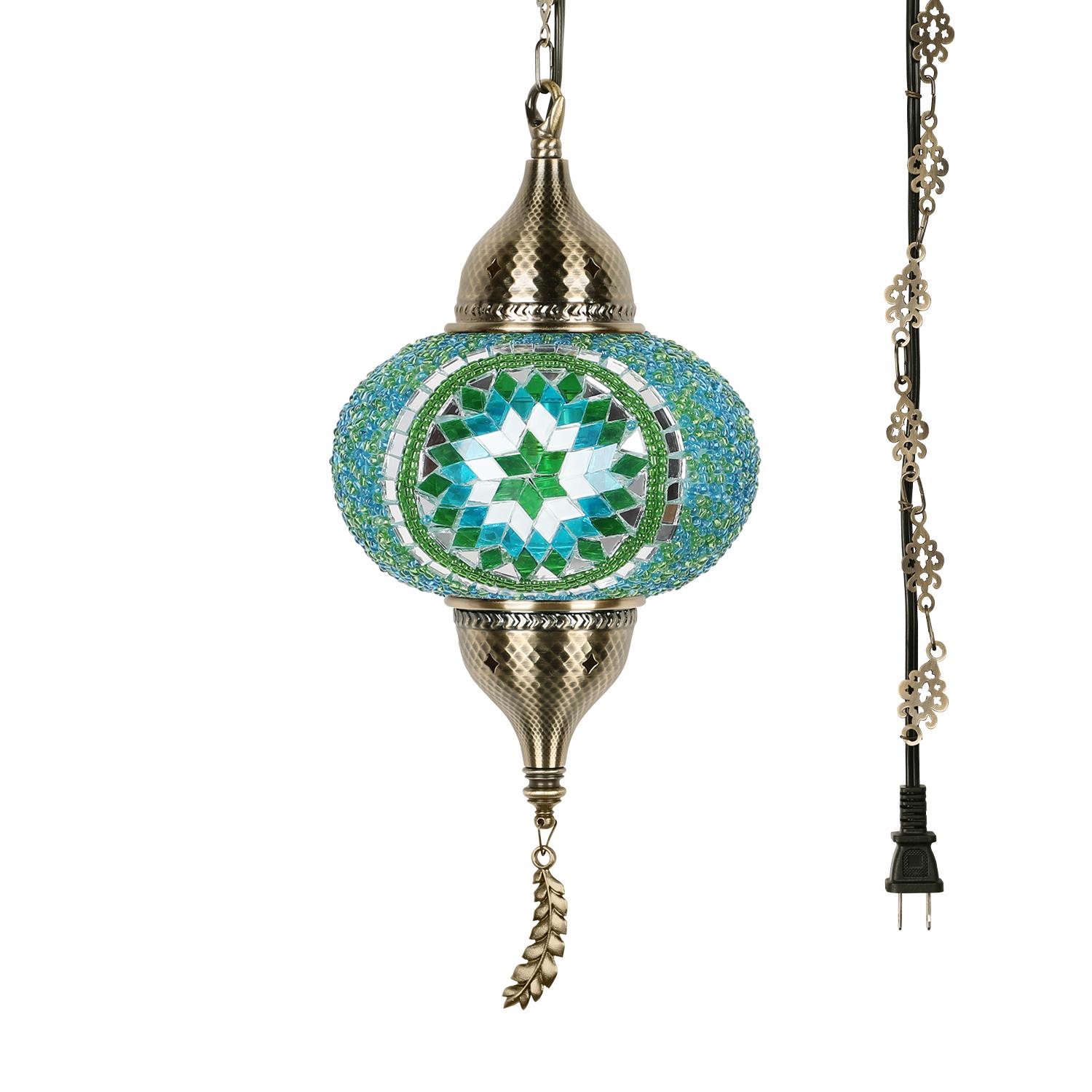 Yarra-Decor Turkish Moroccan Pendant Hanging Light with 15feet Cord Tiffany Style Mosaic Ceiling Lamp for Bedroom Blue Crystal North American Plug Decorative Lighting Home Lighting Led Lighted
