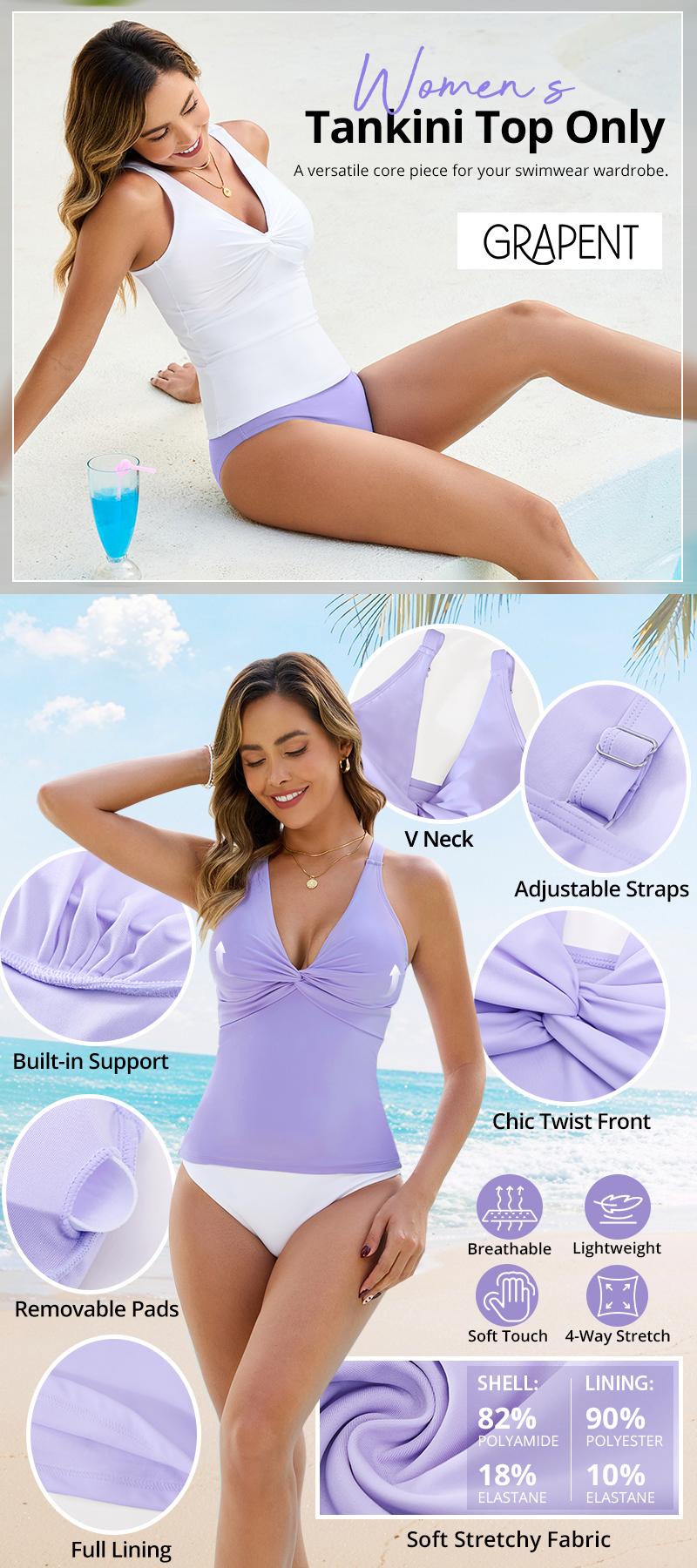 GRAPENT Tankini Tops for Women Swimwear Twisted V Neck Bathing Suit Beach Vacation Modest Padded Swimsuit Swim Top Only