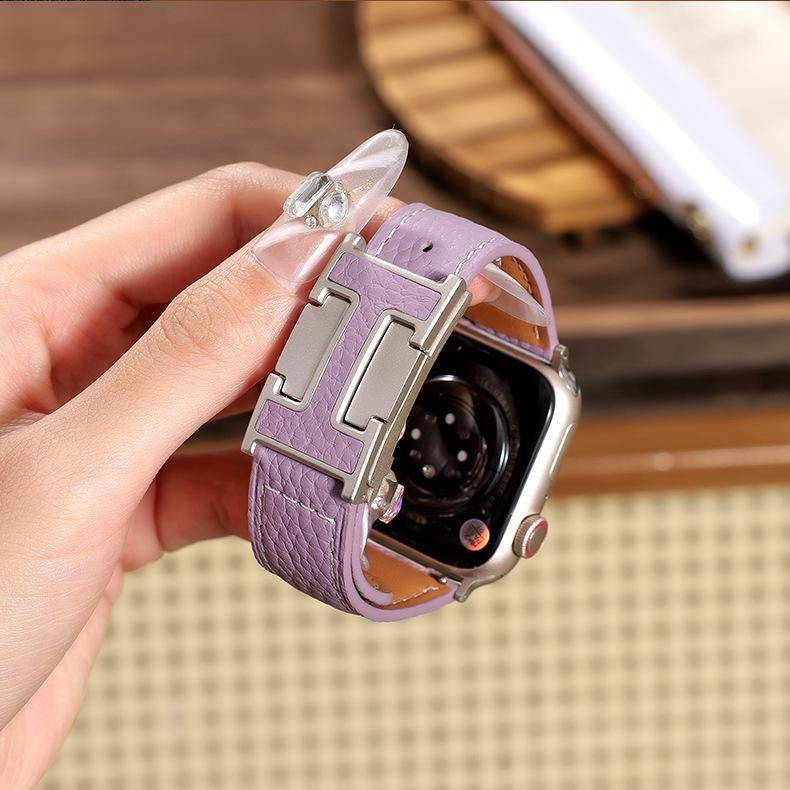 New H-Type Magnetic Buckle Lychee Pattern Leather Smart Watch Strap (38-49mm)