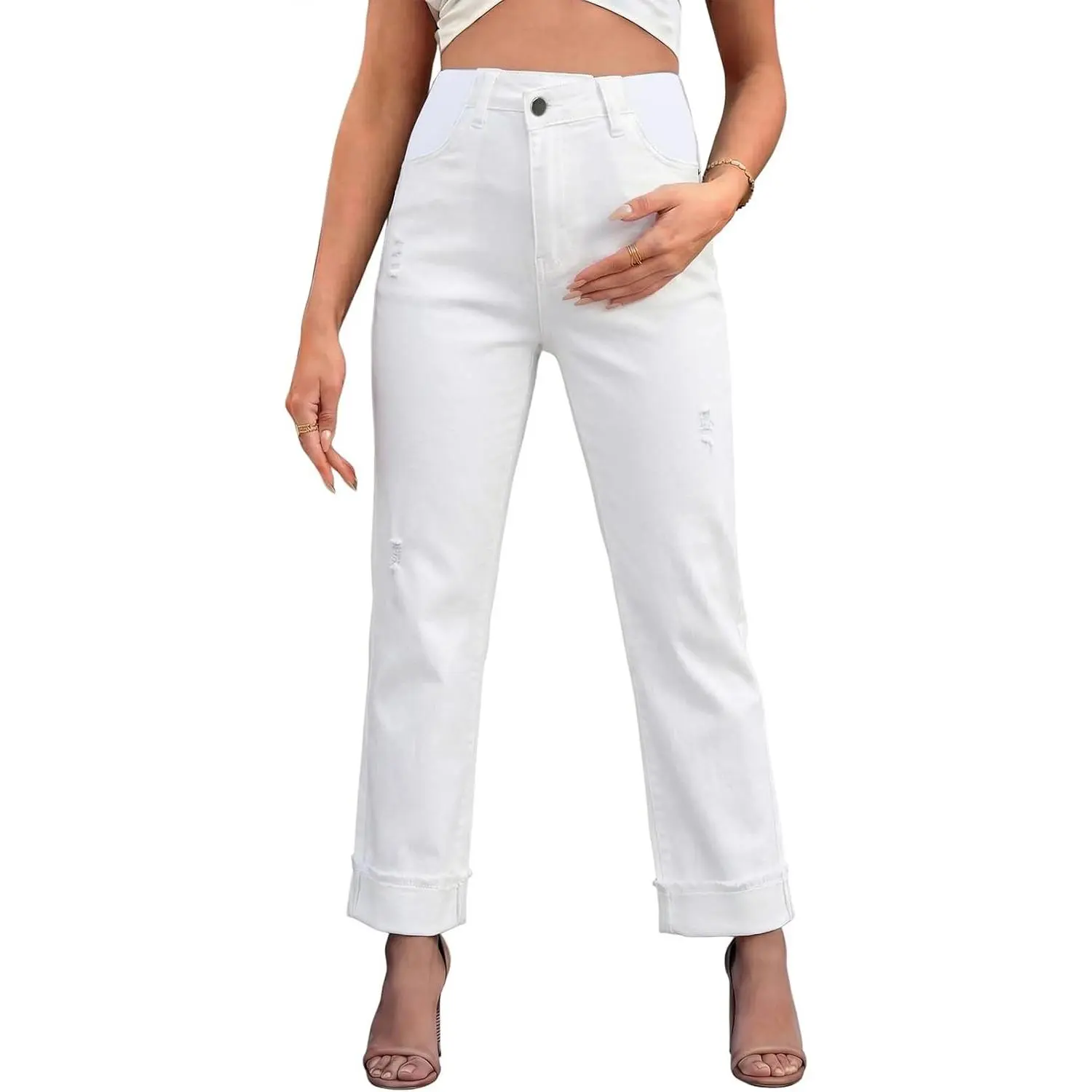 Women's Maternity Jeans Elastic Hight Waisted Stretchy Jeans Crisscross Waist Pregnancy Denim Pants with Raw Hem