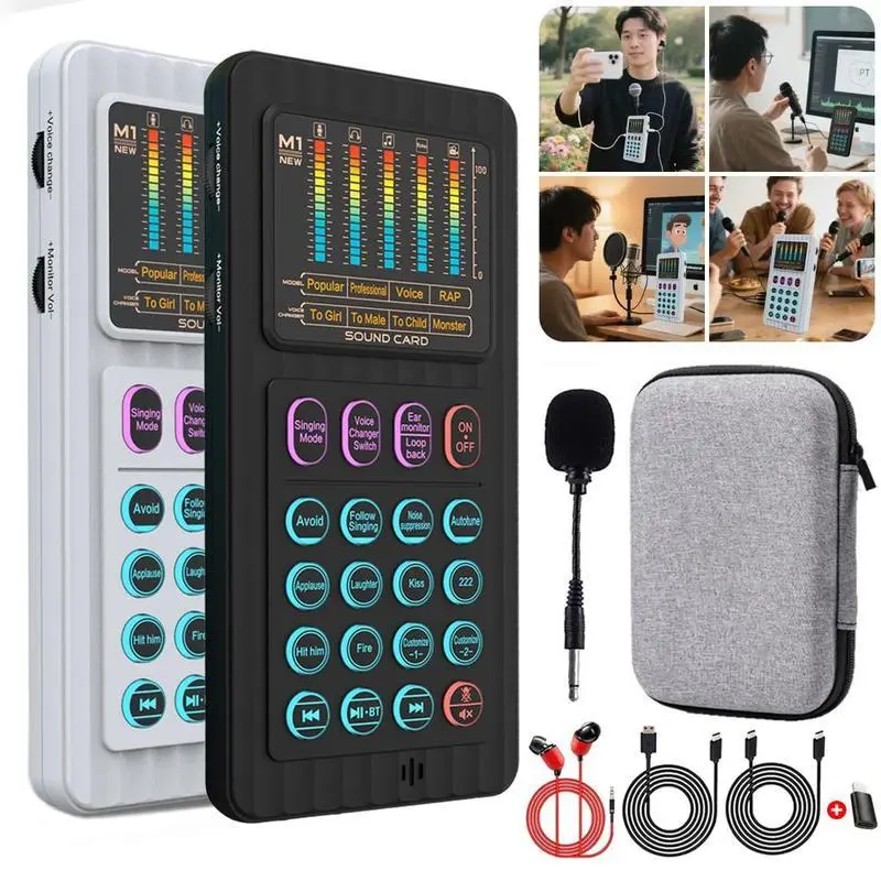 HIAKB Handheld Small Podcasting Mixer & Live Sound Card - Bluetooth Audio Vlogging Equipment for Smartphones, with Microphone & Headphones, Voice Changer for Singing, Recording