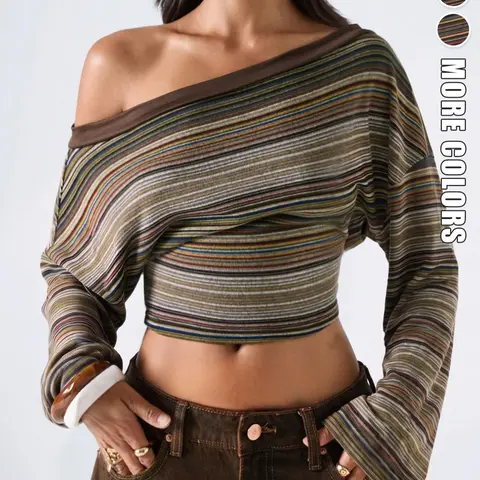 Autumn Womens Vintage Aesthetic Horizontal Striped Off Shoulder Top Long Sleeve Loose Drop Shoulder Sleeve Cropped Silhouette Wrap Front Slim Waist Casual Daily Shirt