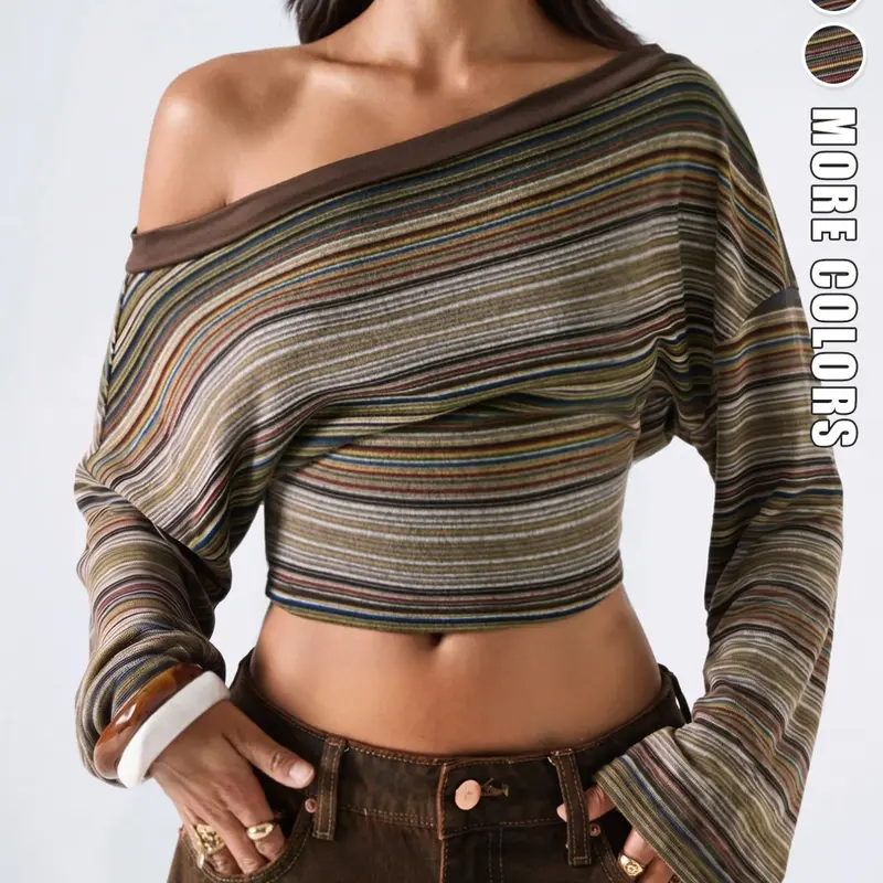 Autumn Womens Vintage Aesthetic Horizontal Striped Off Shoulder Top Long Sleeve Loose Drop Shoulder Sleeve Cropped Silhouette Wrap Front Slim Waist Casual Daily Shirt