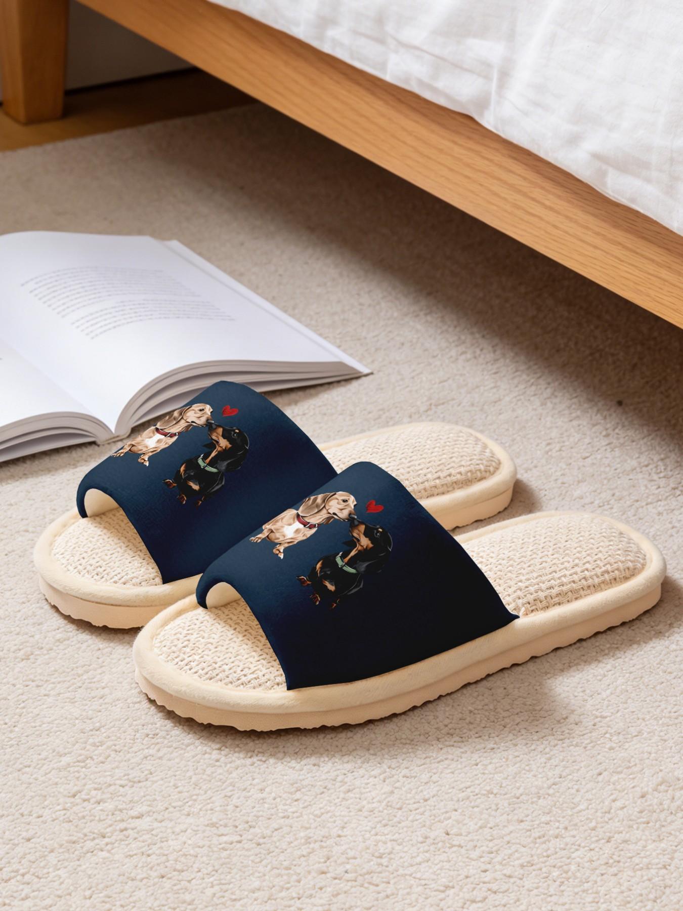 Cute Dachshund Couple Linen Slippers, Breathable Non-slip Casual Lightweight All Season House Shoes for Dog Lovers Women Men Family Daily Wear