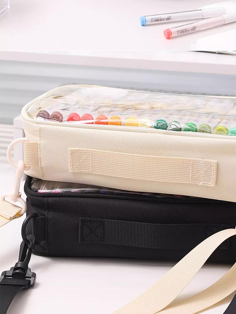 Mark Pen Storage Bag, Multi-Layer Organizer, Large Capacity Holds Up to 64 Mark Pens, Transparent Zippered Pouch with Shoulder Strap