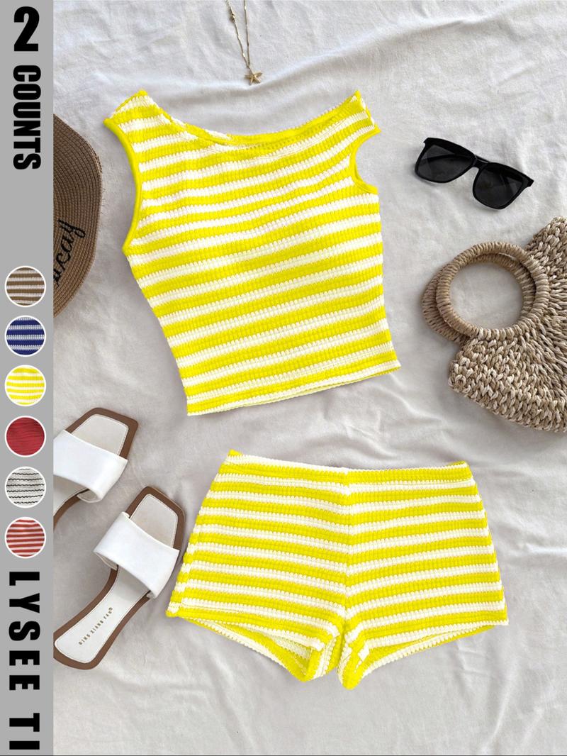 Women's Striped Pattern Asymmetrical Top & Shorts Set without Accessories, Casual Sleeveless Top & Shorts, Ladies Summer