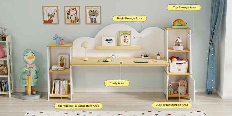 Modern Kids Desk & Stool Set in White and Natural Wood for Study and Play