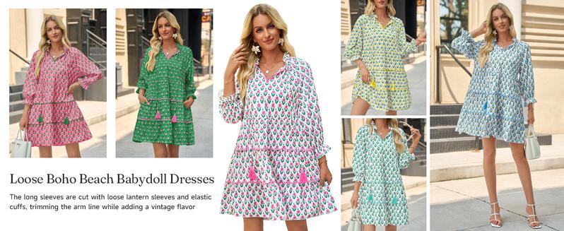 Wenrine Women’s Casual Mini Dress Long Sleeve Floral Ruffle V Neck Fall Loose Boho Babydoll Dresses with Pockets