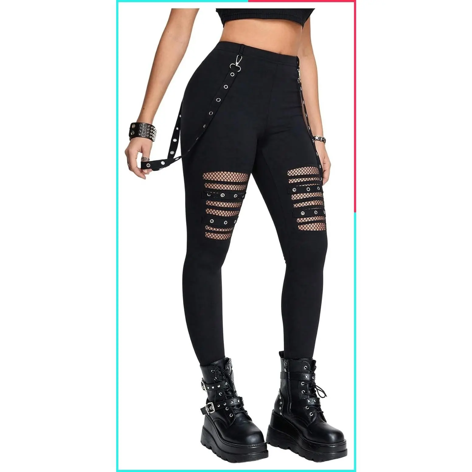 Women's High Waisted Gothic Mesh Skinny Leggings Pants - Punk Rock Festival Concert Outfits for Fall