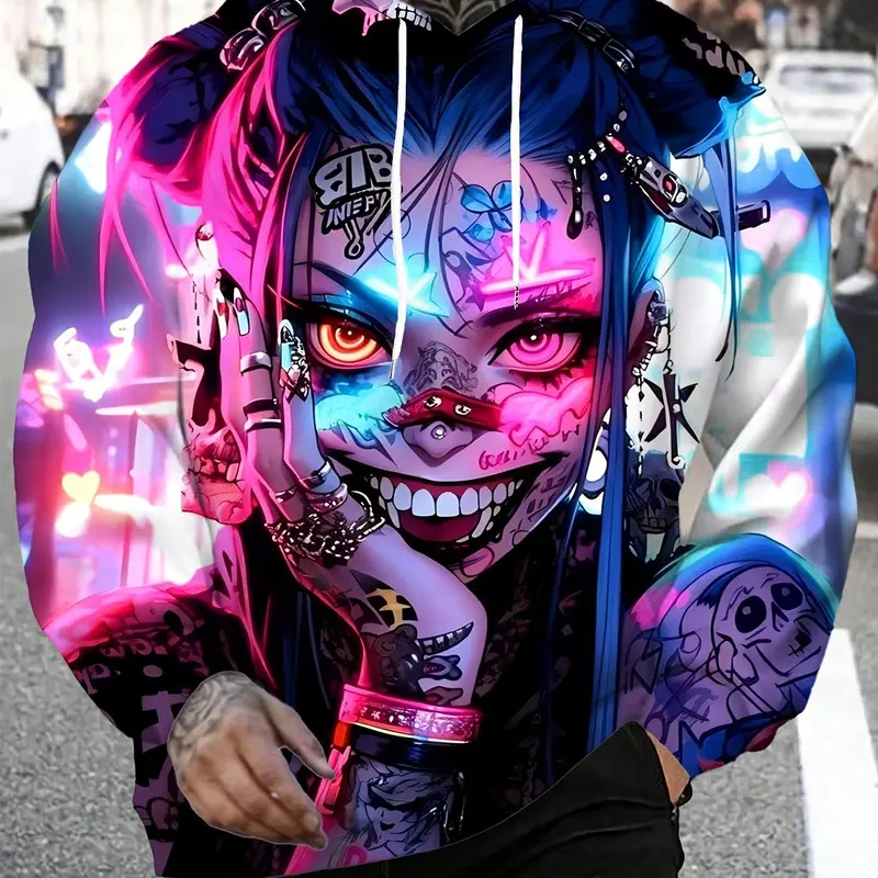 Cyberpunk-style anime printed graphic hoodies, casual streetwear fashion style