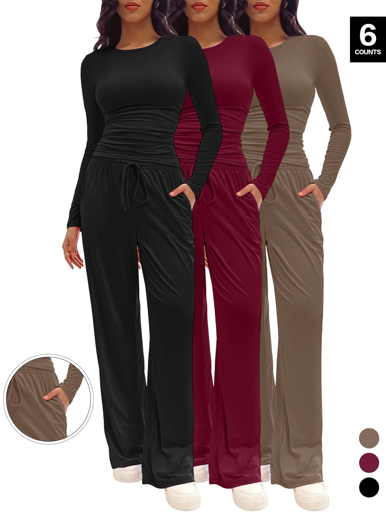 2026 Women's Solid Ruched Drawstring Loungewear Set, Casual Breathable Long Sleeve Round Neck Top & Pocket Wide Leg Trousers, Ladies Sleepwear for All Seasons Pajama Set