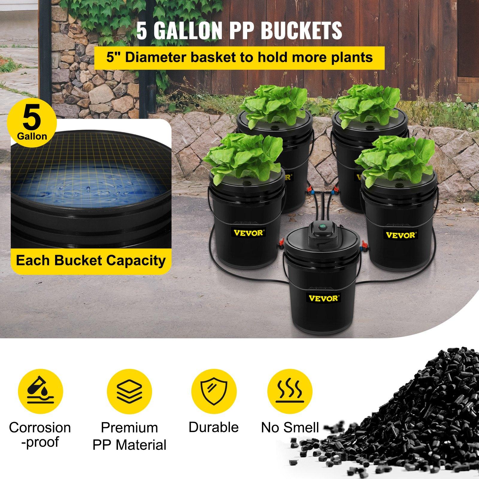 DWC Hydroponic System, 5 Gallon 5 Buckets, Deep Water Culture Growing Bucket, Hydroponics Grow Kit with Pump, Air Stone and Connected Reservoir, for Indoor/Outdoor Leafy Vegetables