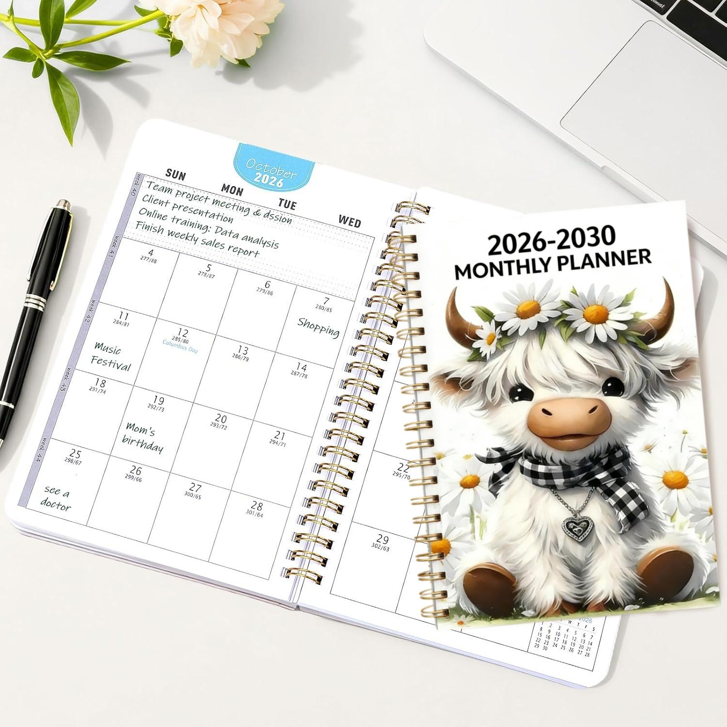 2026-2030 Monthly Planner/Calendar - January 2026 to December 2030, 5-Year Monthly Planner, White Cartoon Highland Cow Cover Design Notebook, Yearly Calendar Planning, Monthly Tabs, 60-Month Calendar, 5.5 x 8.3 inches, Thick Paper, Elastic Cover, Durable