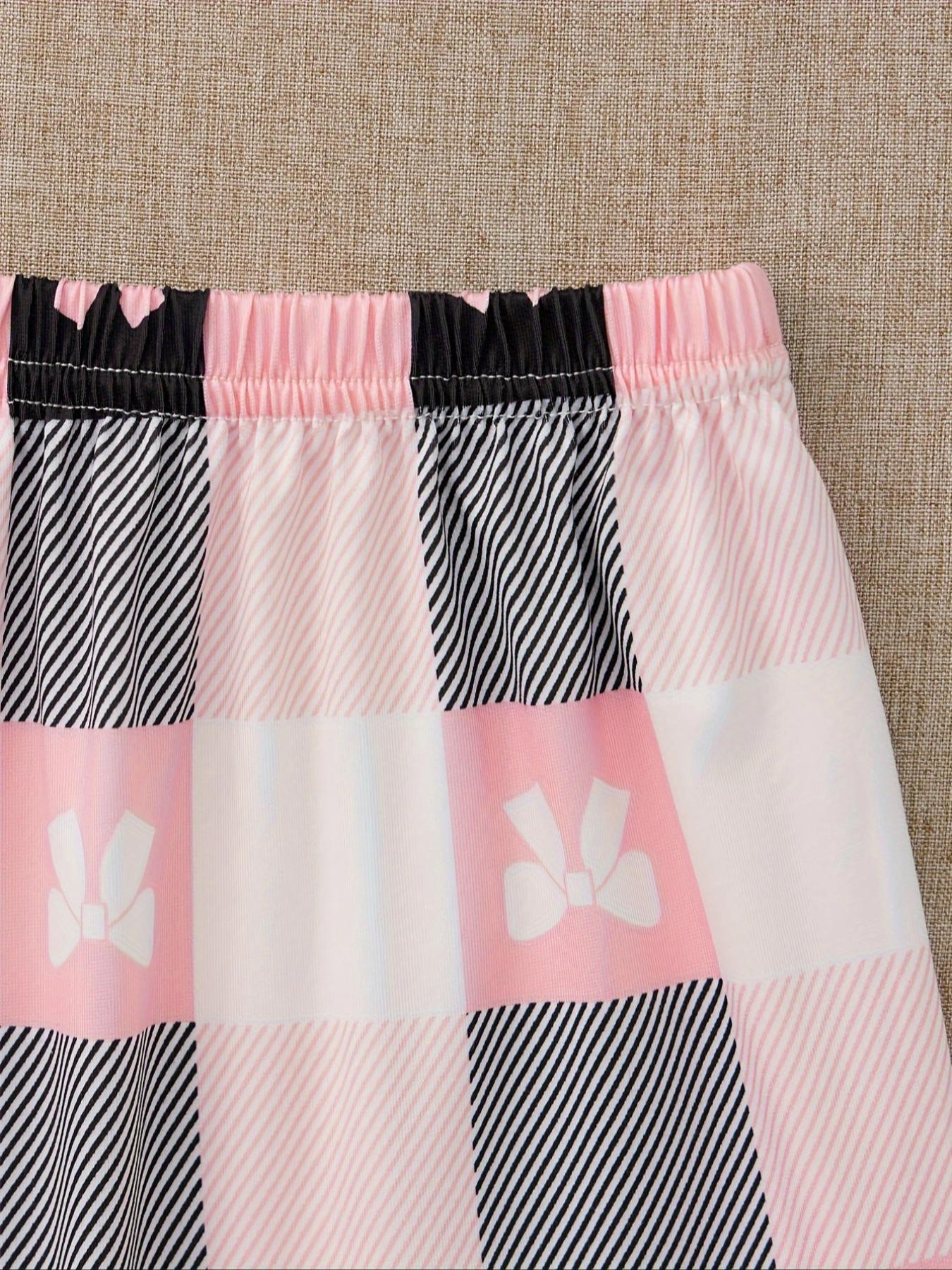 Three-Piece Set Women's Bowknot & Plaid Print Pyjama Set, Short Sleeve Round Neck Tee & Elastic Waist Shorts & Pants Lounge Set, Women's Sleepwear for Summer Valentine's Day Pajamas