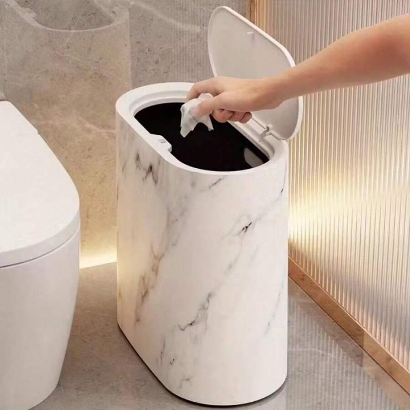 Modern Slim Marble-Pattern Trash Can with Lid, Elegant Narrow Waste Bin for Bathroom, Kitchen & Living Room, Eco-Friendly, Space-Saving Design