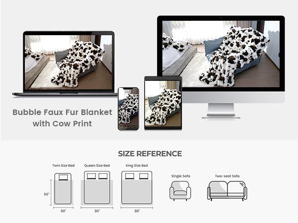 SpottedCozy | Cow Print Faux Fur  Blanket & Ultra-Soft Dual-Sided Bubble Blanket | Throw Twin | Plush Weighted Fuzzy Blanket for Sofa, Bedroom, Living Room, Super Soft Warm for Adults Kids Girl Gifts Bedroom Couch Sofa Travel, Black/Pink/Camel/Gray
