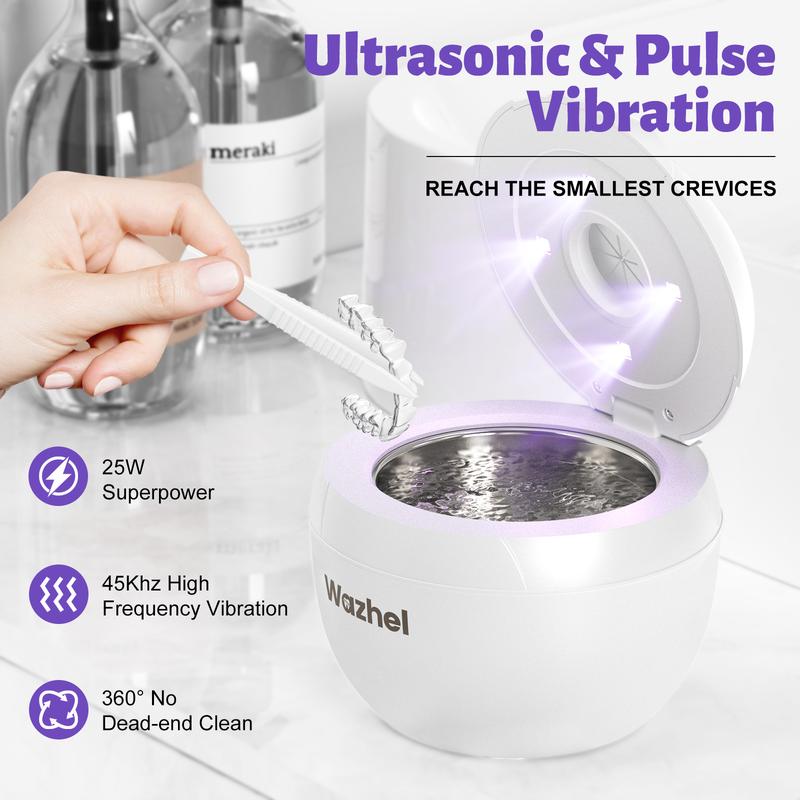 Wazhel Ultrasonic Cleaner for Retainer with UV Light – 45kHz Cleaning Machine for Dentures, Night Guards, Aligners, Toothbrush Heads, Jewelry, Pacifiers & Makeup Brushes – 200ml Tank&4 Modes, Digital Timer