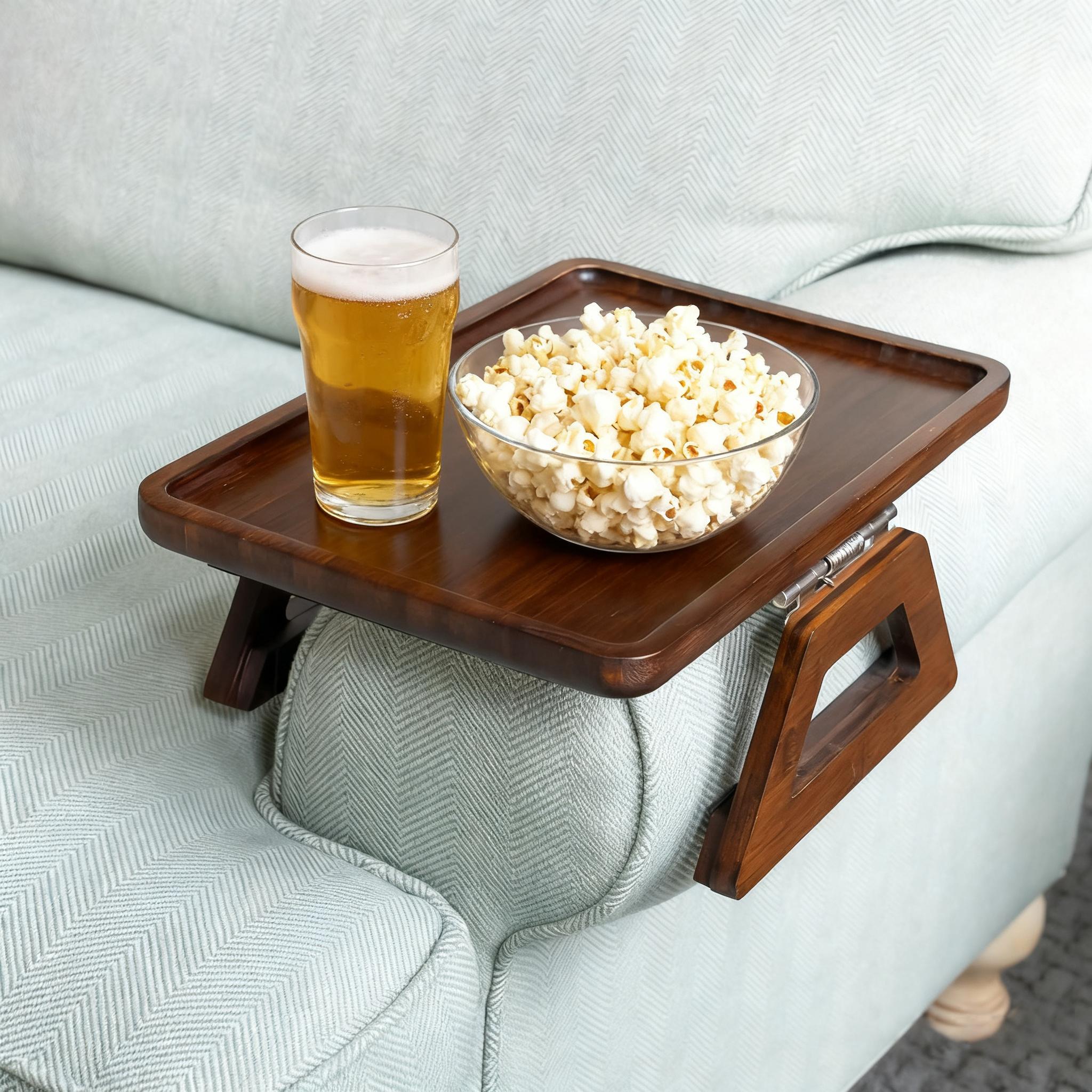Bamboo Couch Arm Table, 1 Count Clip-on Sofa Arm Tray, Armchair Table for TV Dinners Remotes Drinks Snacks