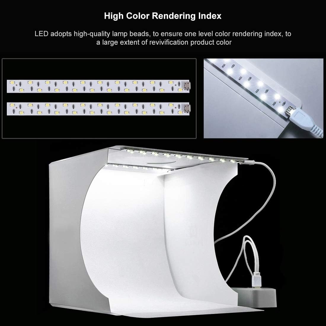 Photo Light Box 10" Portable Folding Photography Light Tent kit with 2 Light Bar -40pcs LED Light and 6 Kinds Color Backgrounds for Small Size Items (10 inch - White)