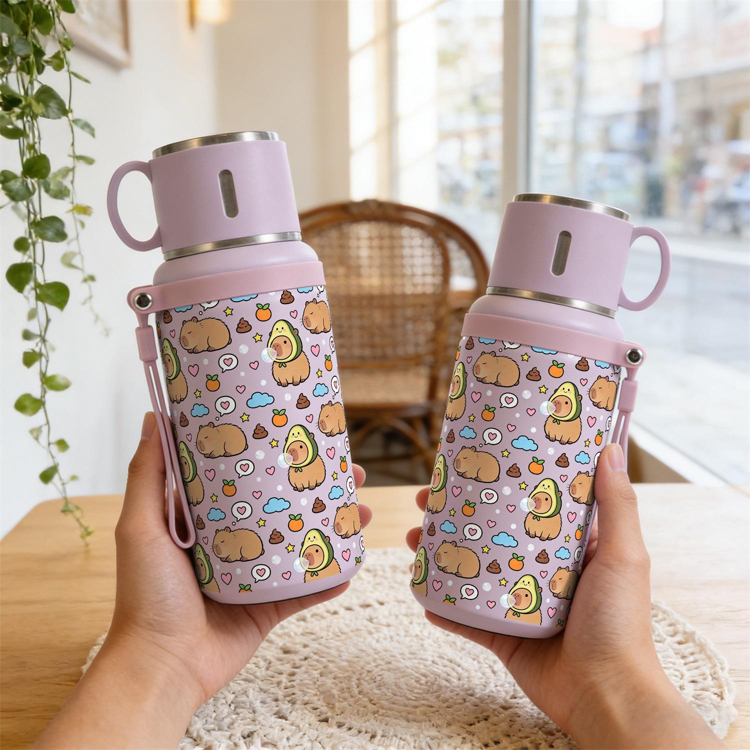 1PC, 20oz Insulated Stainless Steel Water Bottle, Vacuum Flask with Cup Lid That Doubles as Handle Cup, Double Wall Insulated Travel Mug, Portable for Camping, Hiking, School & Office, Cute Capybara Pattern, Ideal