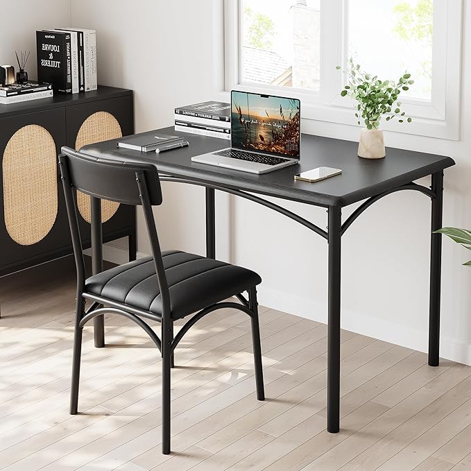 Kitchen Table Set with Chairs, Dining Table Set for 4, Metal and Wood Rectangular Dining Room Table Set with 4 Upholstered Chairs, 5 Piece Dining Set for Small Space, Apartment