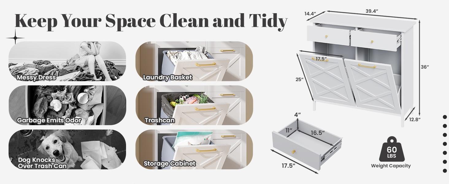 YODOLLA Double Tilt Out Trash Can Cabinet, 20 Gallon, with 2 Drawers, Garbage Recycling Can Cabinet Laundry Sorter Storage Organizer