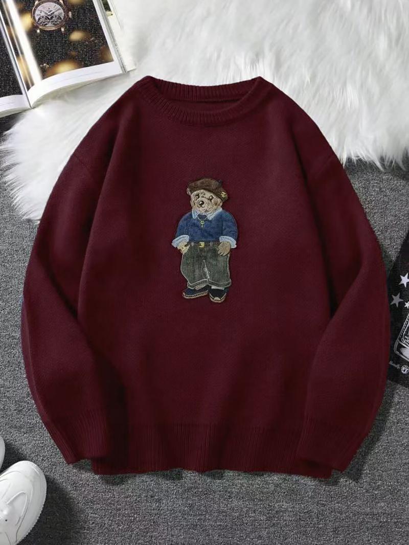 Unisex Fall Winter New Cartoon Bear Embroidered Round Neck Knit Pullover, Casual Comfy Pullover, Casual Comfortable College Style Sweater, Elegant Fashion Top