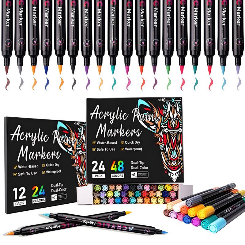 Acrylic Paint Markers Pens Set, Dual Tip Dual-Color Brush Tips Acrylic Paint Pens, Creative Coloring Markers, Acrylic Drawing Markers for Rocks, Wood, Canvas, Stone, Fabric, Plastic DIY Art Supplies Back to school