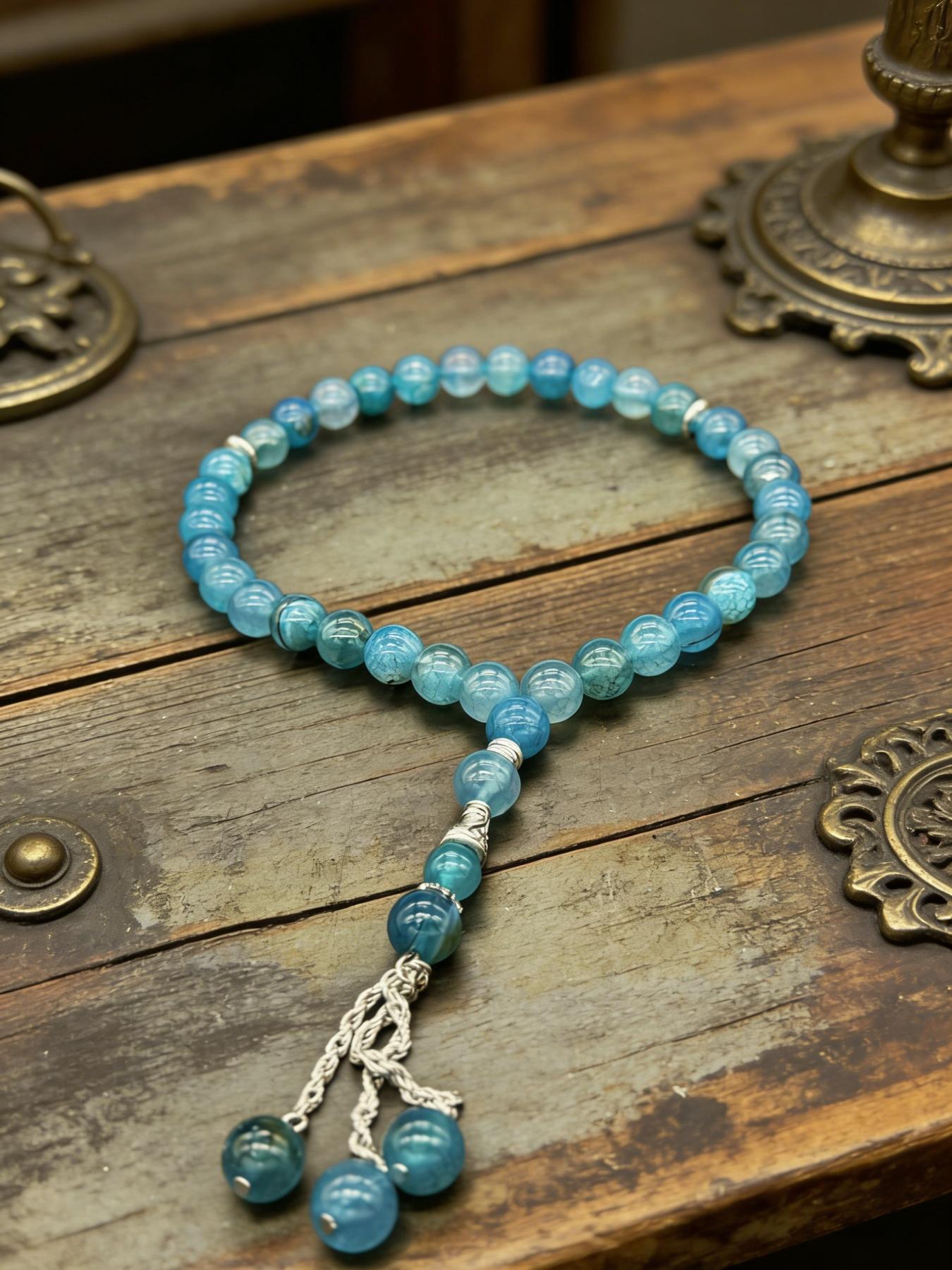 Blue Dragon Pattern Agate Bead Bracelet, Vintage Tibetan Buddhist Jewelry, Lucky Charm Accessory, Perfect Gift for Couples and Friends