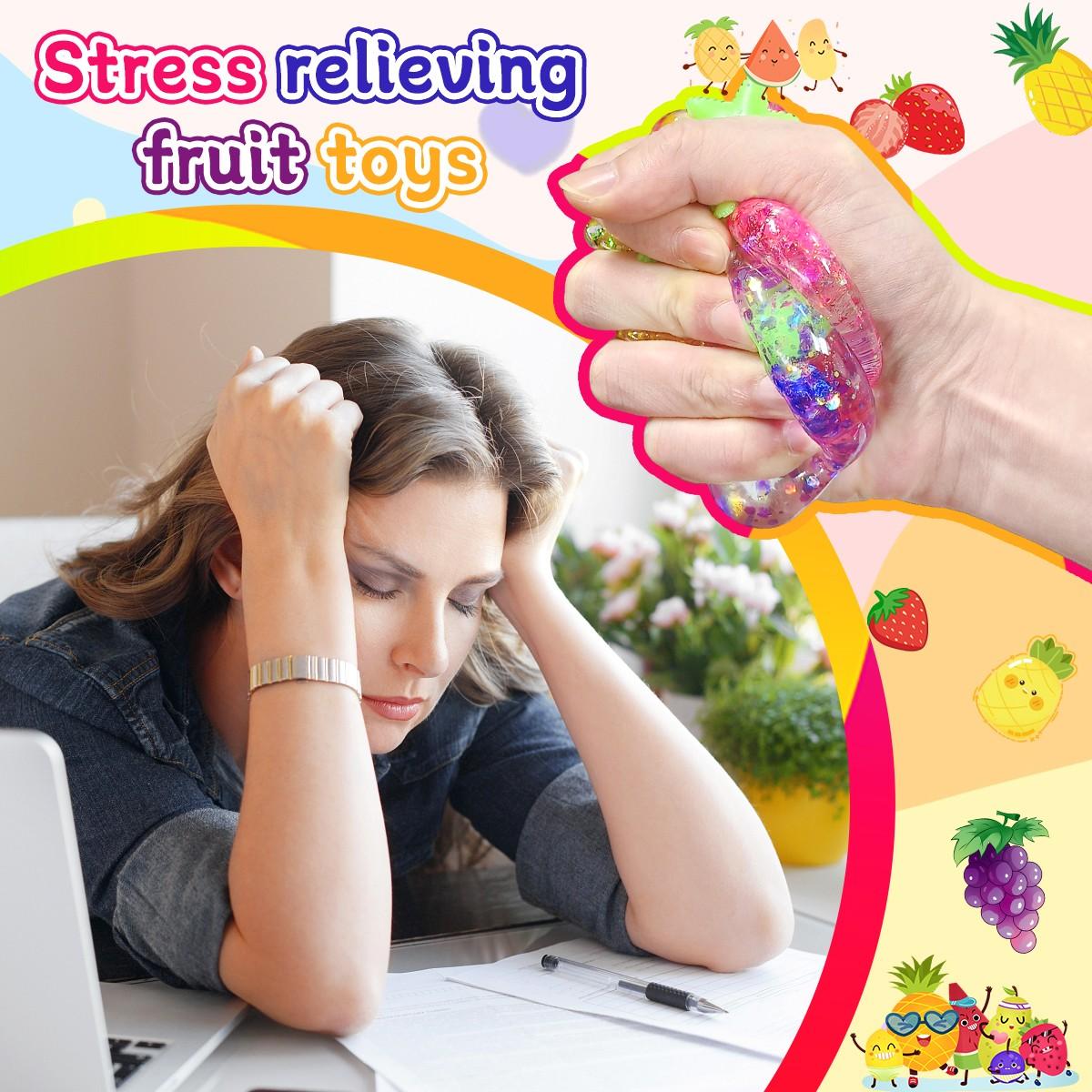 Pressure Balls Set of 1/3/6, Glitter Fruit Shape Squeeze Toys, Sensory ...