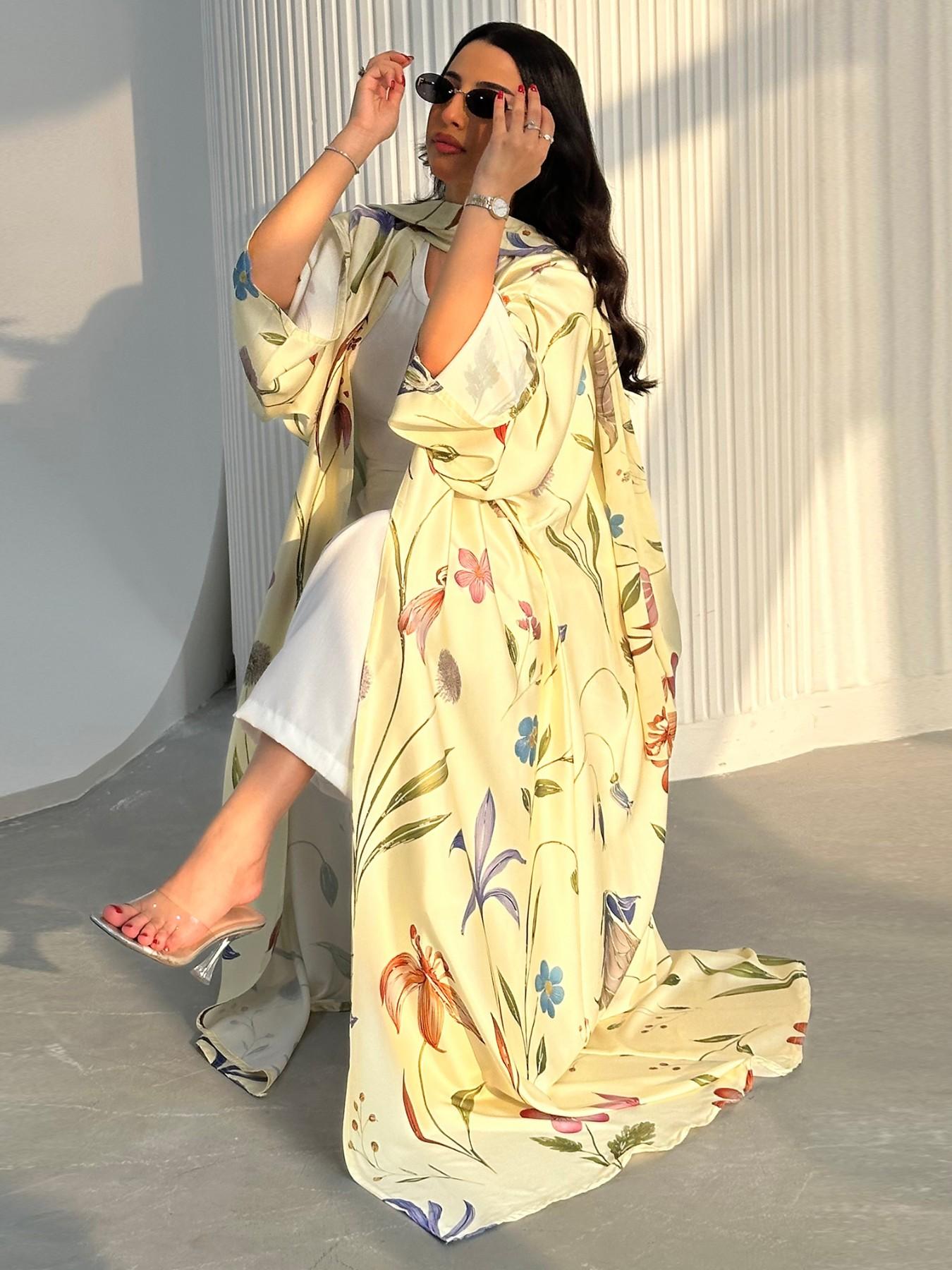 New Muslim Women's Loose Fit Open Front Robe, Printed Two-Piece Set with Headscarf, Casual Daily Wear, Comfortable and Stylish, Floral Abaya Set, Islamic Abaya, Muslim Clothing