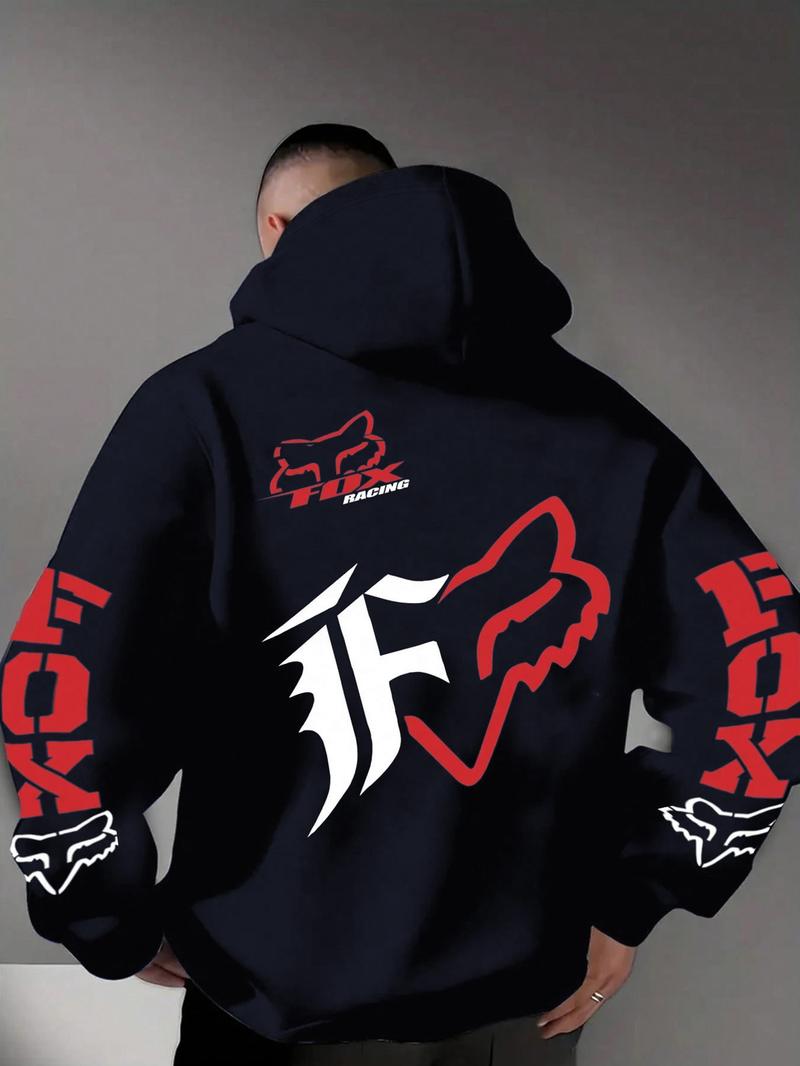 1 Piece Men‘s Fox Racing Graphic Hoodie, Bold Red and White Logo Print, Streetwear Style for Casual Daily Wear and Outdoor