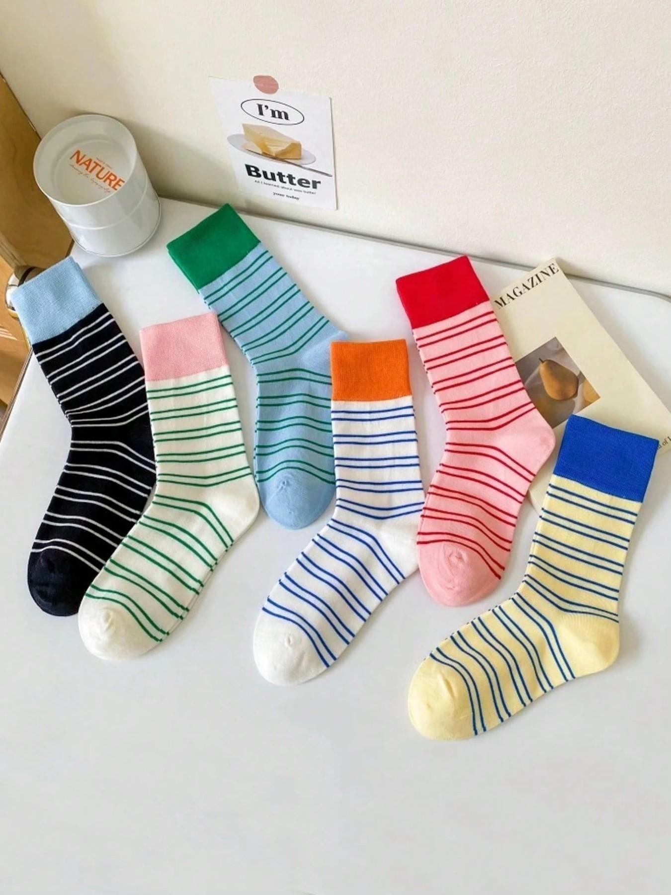 Women's 6 Pairs Colorblock Striped Crew Socks, Casual Fitted Design, Soft Comfortable Daily Wear, Perfect for All Seasons