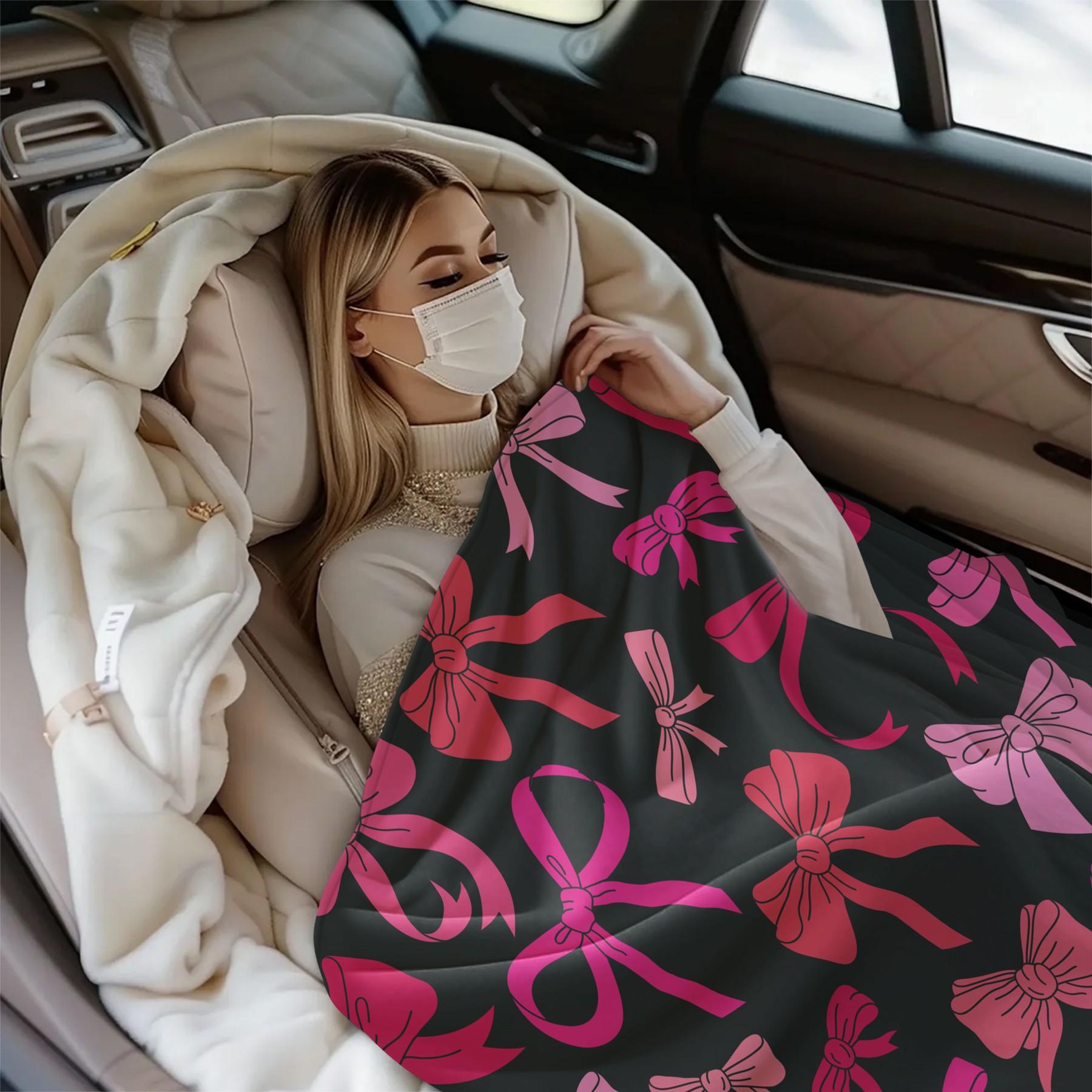 1Pcs Coquette Pink Bow Digital Print Flannel Blanket, Sweet Y2K Aesthetic Throw Blanket, Soft Fluffy Lightweight Warm Blanket, Cozy All-Season Gift Blanket, Perfect for Bedroom, Sofa, Dorm, Living Room & Travel Use